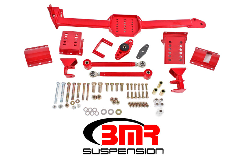 BMR 05-14 S197 Mustang Body Mount Watts Link Rod End/Poly w/ Adj. Axle Clamps - Red