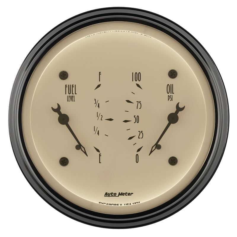 AutoMeter Gauge Dual Fuel & Oilp 3-3/8in. 0 Ohm(e) to 90 Ohm(f)& 100PSI Elec Antq Beige