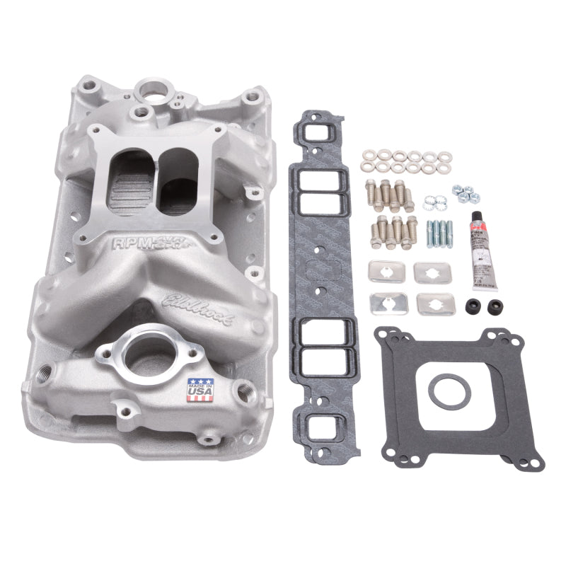 طقم تركيب مشعب العادم من Edelbrock Performer RPM Air-Gap SBC 1957-1986 بلمسة نهائية طبيعية