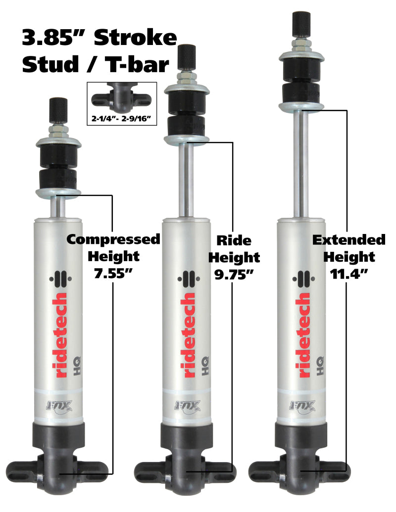 Ridetech HQ Series Shock Absorber Fixed Valve 3.85 Stroke Narrow T-bar/Stud Mounting 7.55in x 11.4in