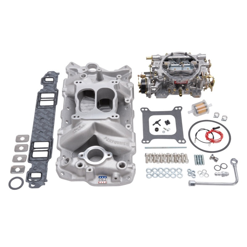 طقم مشعب السحب وكاربيراتور Edelbrock Performer Air-Gap Small Block Chevrolet 1957-1986 بلمسة نهائية طبيعية