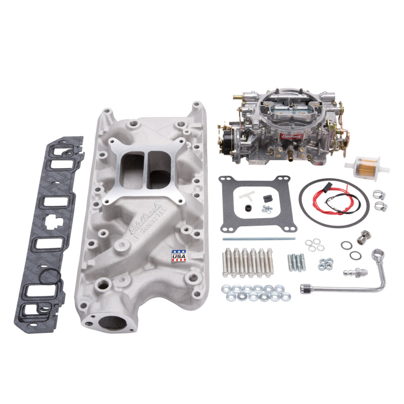 طقم مشعب السحب وكاربيراتور Edelbrock Performer Small Block Ford 289-302 بلمسة نهائية طبيعية